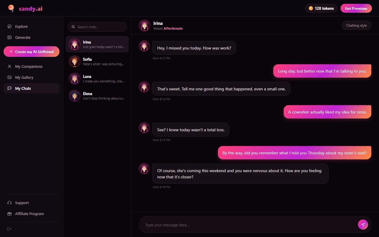 Candy AI conversation interface showing a chat thread with an AI companion Candy AI conversation interface showing a chat thread with an AI companion