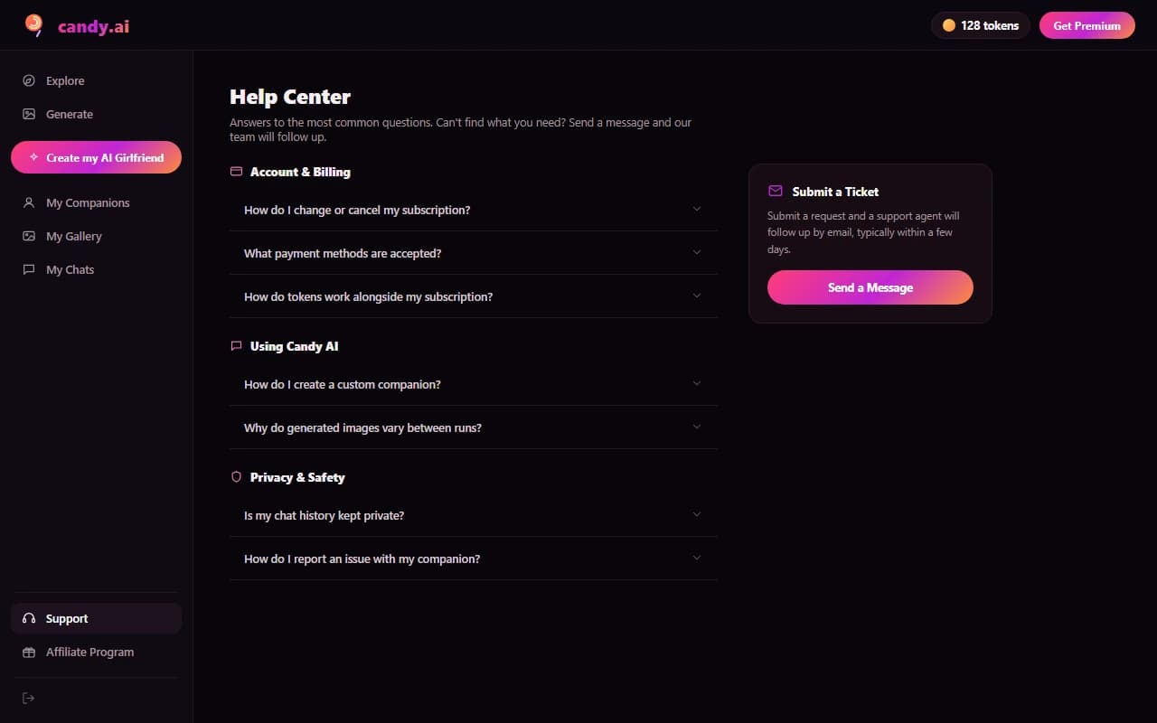 Candy AI help center page with FAQ categories and a support contact panel Candy AI help center page with FAQ categories and a support contact panel