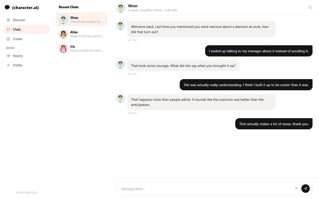 Character.AI chat interface showing a conversation with a custom-built AI character Character.AI chat interface showing a conversation with a custom-built AI character