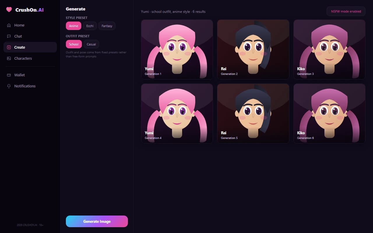 CrushOn AI image generation screen showing a grid of generated anime-style characters CrushOn AI image generation screen showing a grid of generated anime-style characters