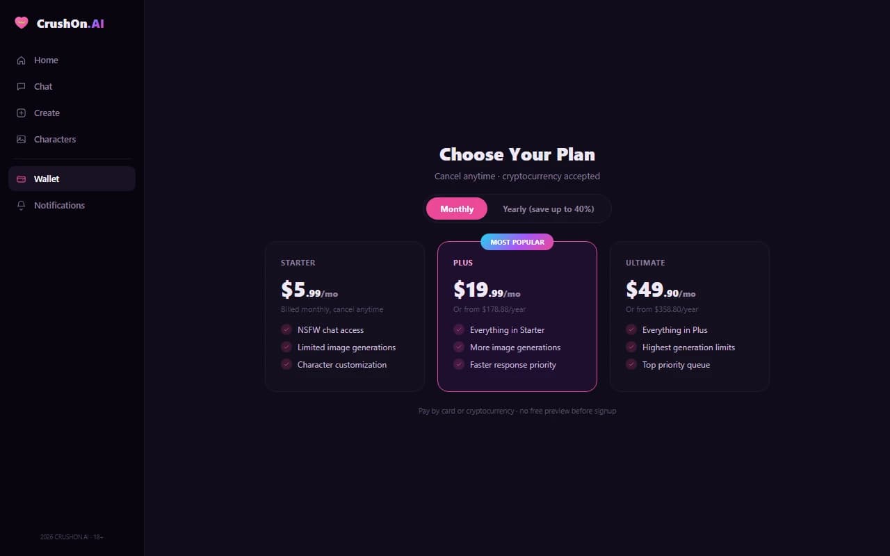 CrushOn AI subscription pricing plans with monthly and yearly options CrushOn AI subscription pricing plans with monthly and yearly options