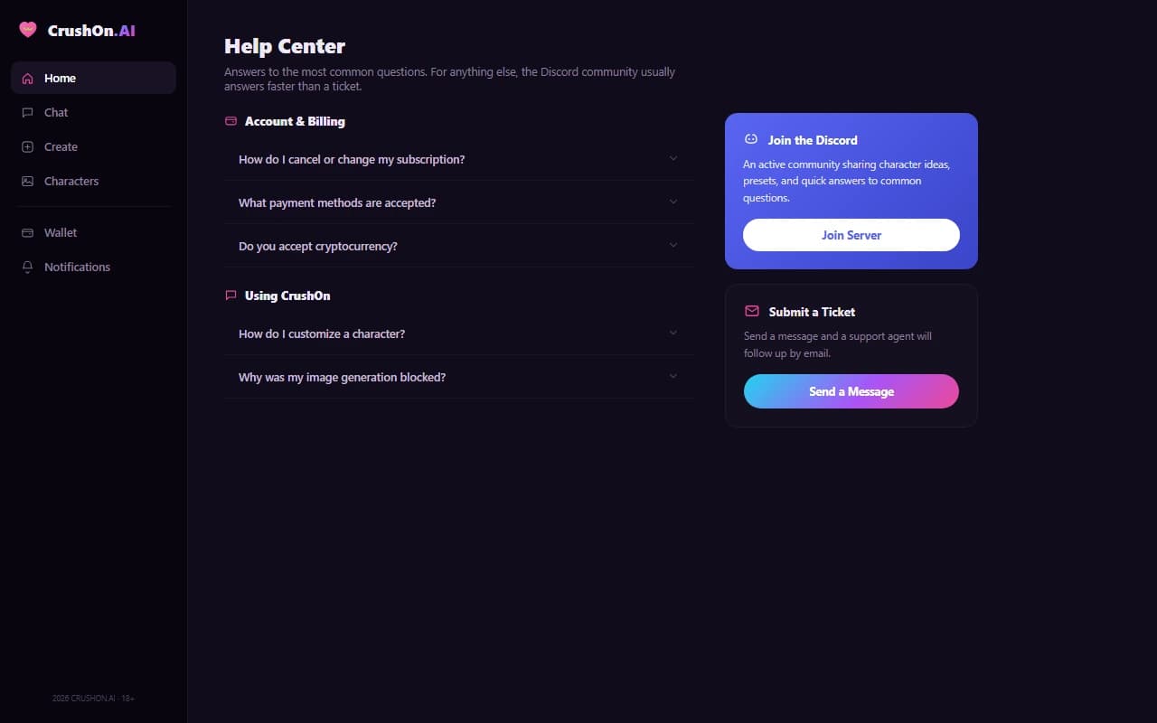 CrushOn AI help center and Discord community page CrushOn AI help center and Discord community page
