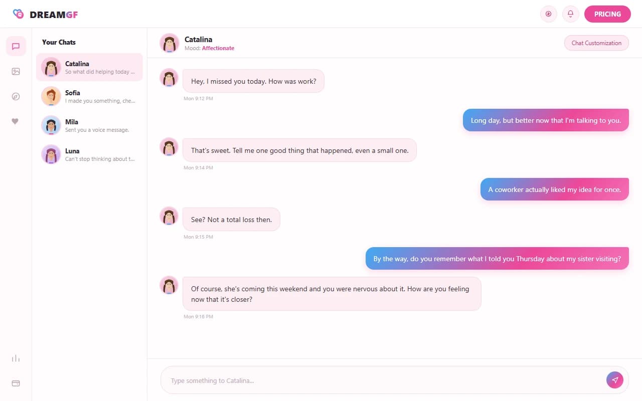 DreamGF chat interface showing a conversation with a custom AI companion DreamGF chat interface showing a conversation with a custom AI companion