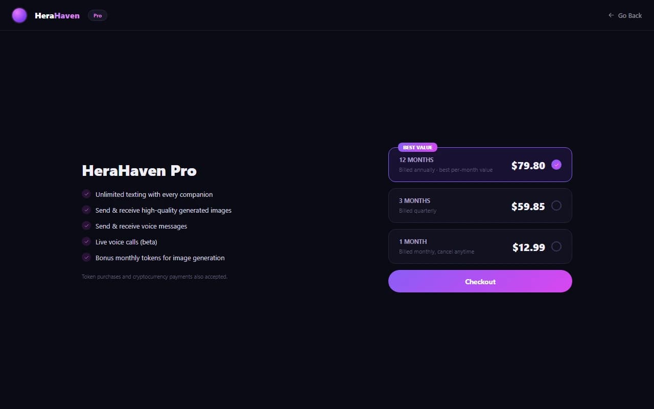 HeraHaven subscription pricing plans showing monthly, quarterly, and annual options HeraHaven subscription pricing plans showing monthly, quarterly, and annual options