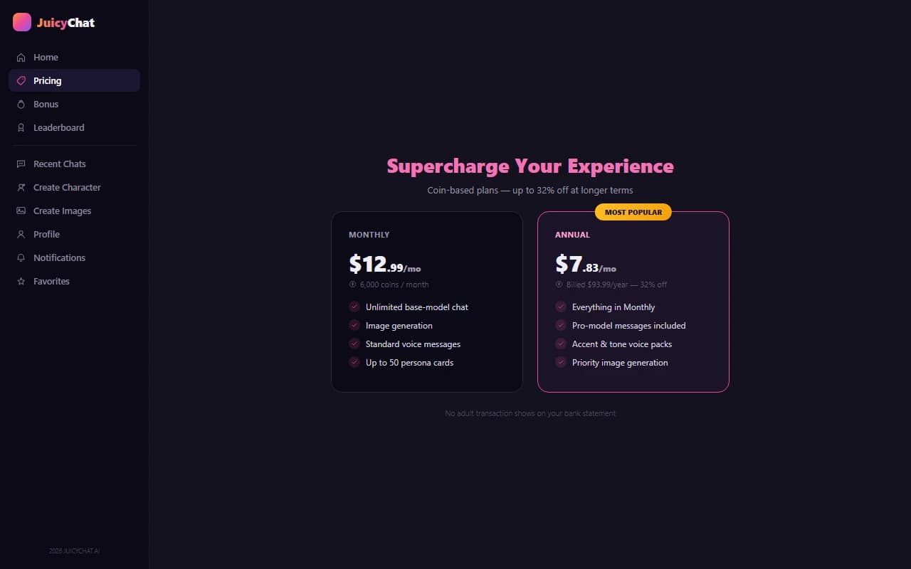 JuicyChat coin-based subscription pricing plans JuicyChat coin-based subscription pricing plans