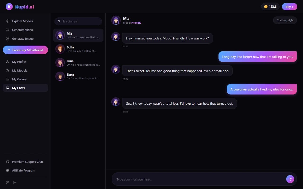 Kupid.ai chat interface showing a multi-message conversation with an AI companion Kupid.ai chat interface showing a multi-message conversation with an AI companion