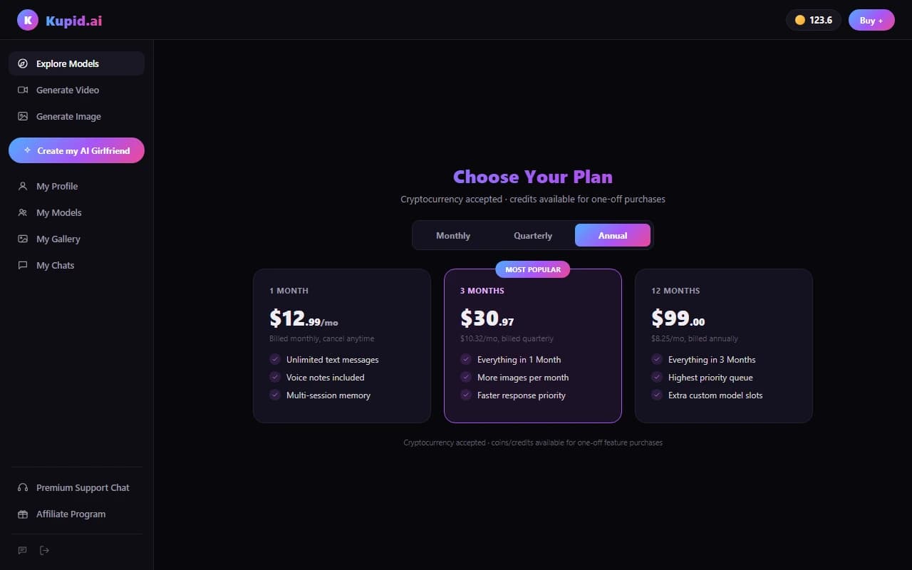 Kupid.ai subscription pricing plans showing monthly, quarterly, and annual options Kupid.ai subscription pricing plans showing monthly, quarterly, and annual options