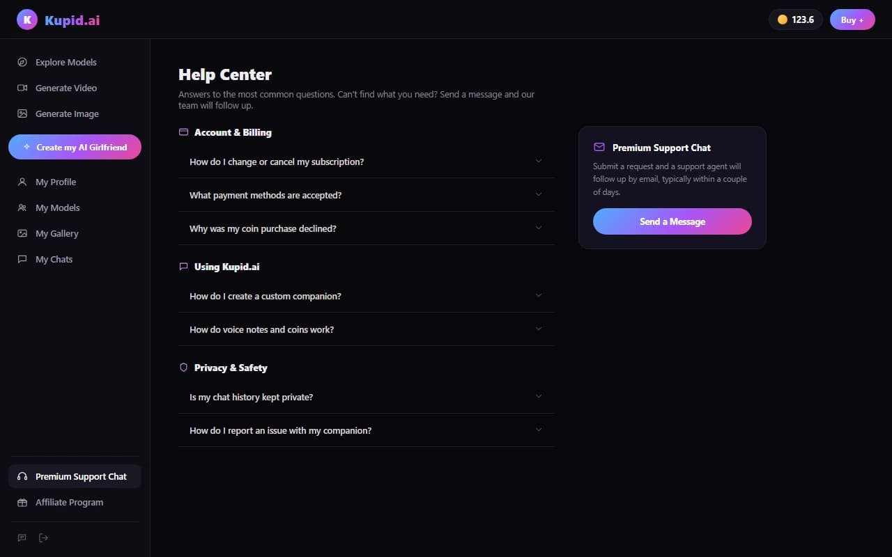 Kupid.ai help center showing categorized FAQ sections and a premium support chat panel Kupid.ai help center showing categorized FAQ sections and a premium support chat panel