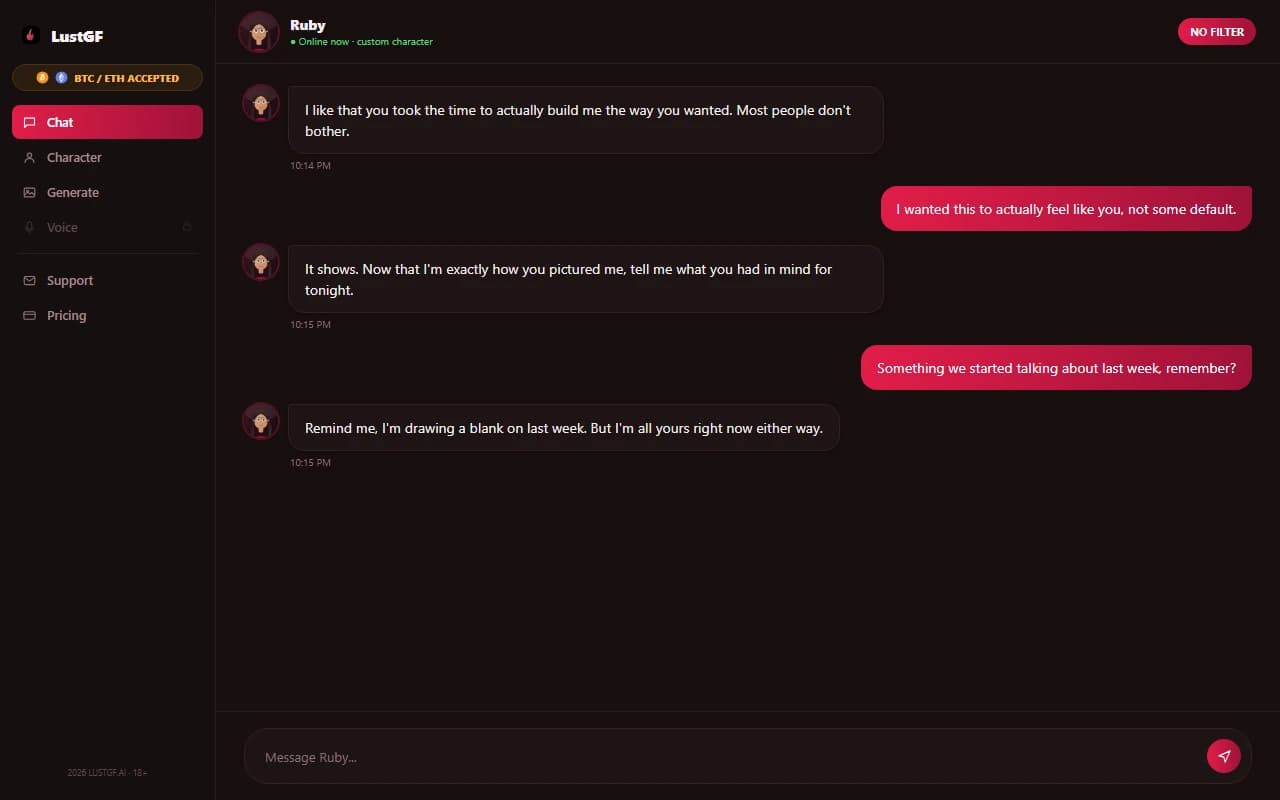 LustGF.ai chat interface showing an explicit conversation with a custom AI character LustGF.ai chat interface showing an explicit conversation with a custom AI character