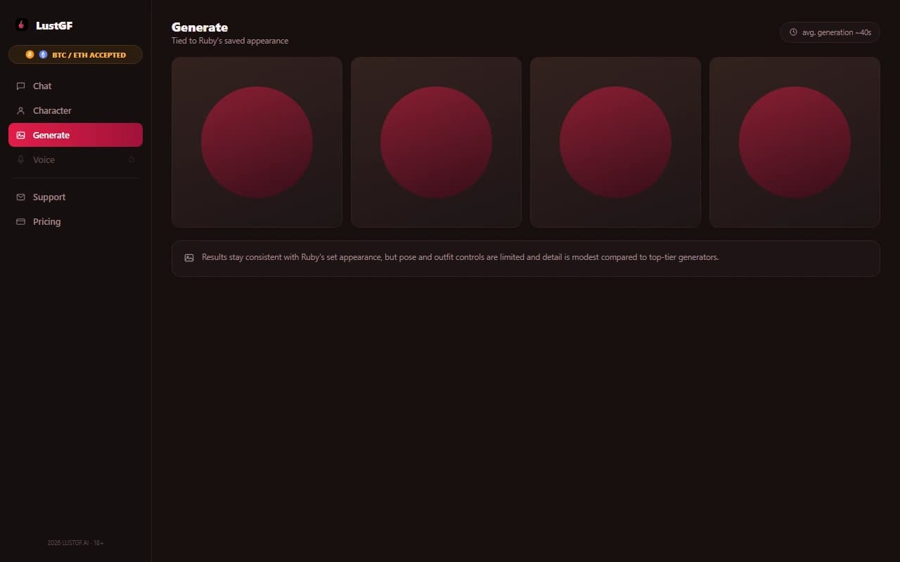 LustGF.ai interface showing a generated results grid of NSFW character images LustGF.ai interface showing a generated results grid of NSFW character images