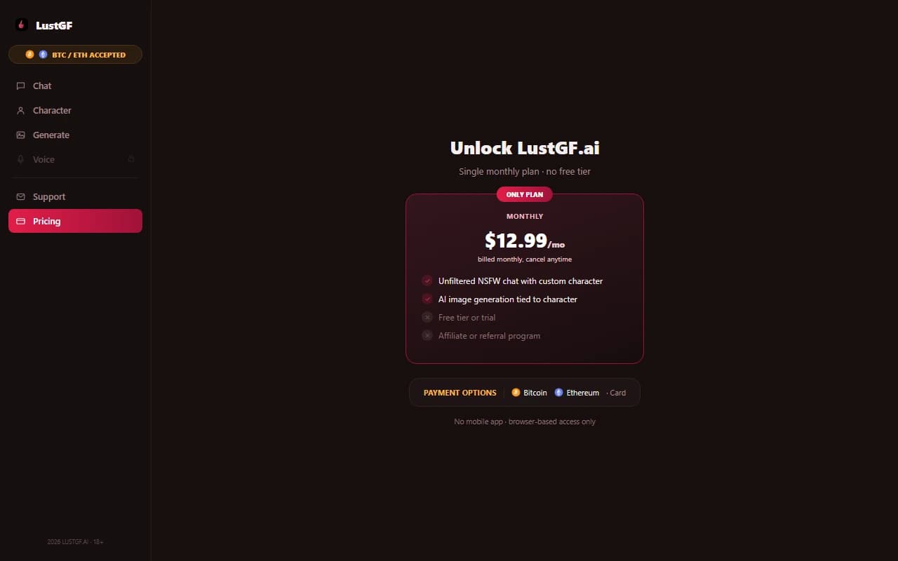 LustGF.ai pricing screen showing the $12.99/month plan with cryptocurrency payment options LustGF.ai pricing screen showing the $12.99/month plan with cryptocurrency payment options