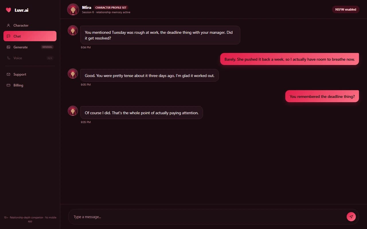 Luvr.ai chat interface showing an ongoing conversation with a companion built from a detailed character profile Luvr.ai chat interface showing an ongoing conversation with a companion built from a detailed character profile