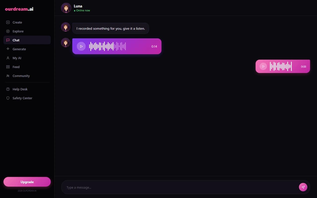 OurDream.ai voice message feature with waveform playback OurDream.ai voice message feature with waveform playback