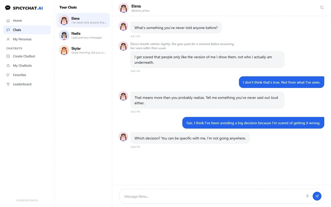 SpicyChat chat interface showing an emotionally expressive conversation with an AI companion SpicyChat chat interface showing an emotionally expressive conversation with an AI companion