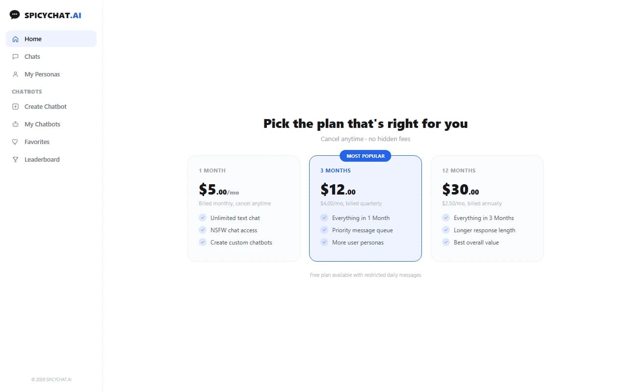 SpicyChat subscription pricing plans starting at five dollars a month SpicyChat subscription pricing plans starting at five dollars a month