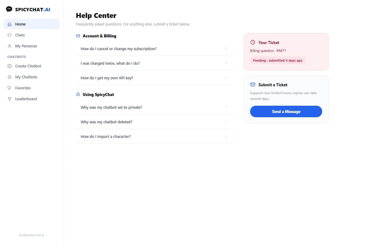 SpicyChat help center FAQ page with a slow-pending support ticket SpicyChat help center FAQ page with a slow-pending support ticket
