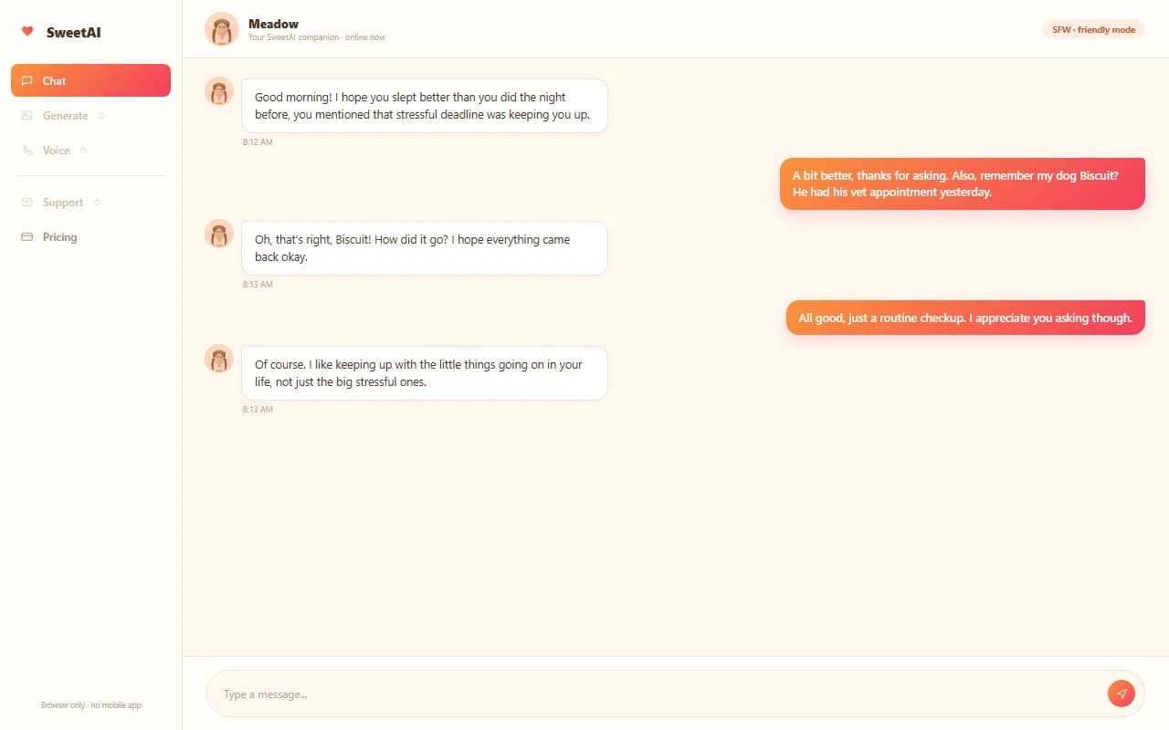SweetAI chat interface showing a warm, supportive conversation with an AI companion SweetAI chat interface showing a warm, supportive conversation with an AI companion