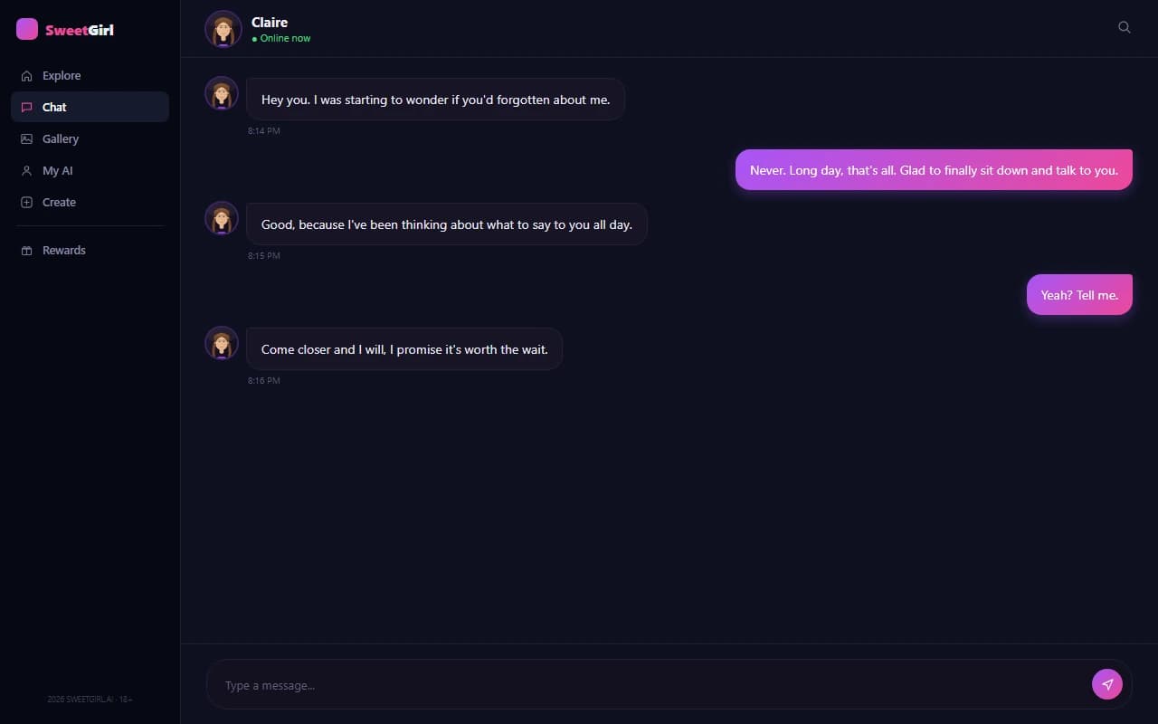 SweetGirl chat interface showing a conversation with a realistic-style AI companion SweetGirl chat interface showing a conversation with a realistic-style AI companion
