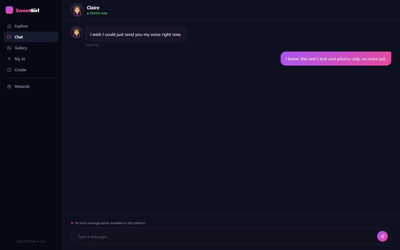 SweetGirl chat screen showing no voice message option available SweetGirl chat screen showing no voice message option available