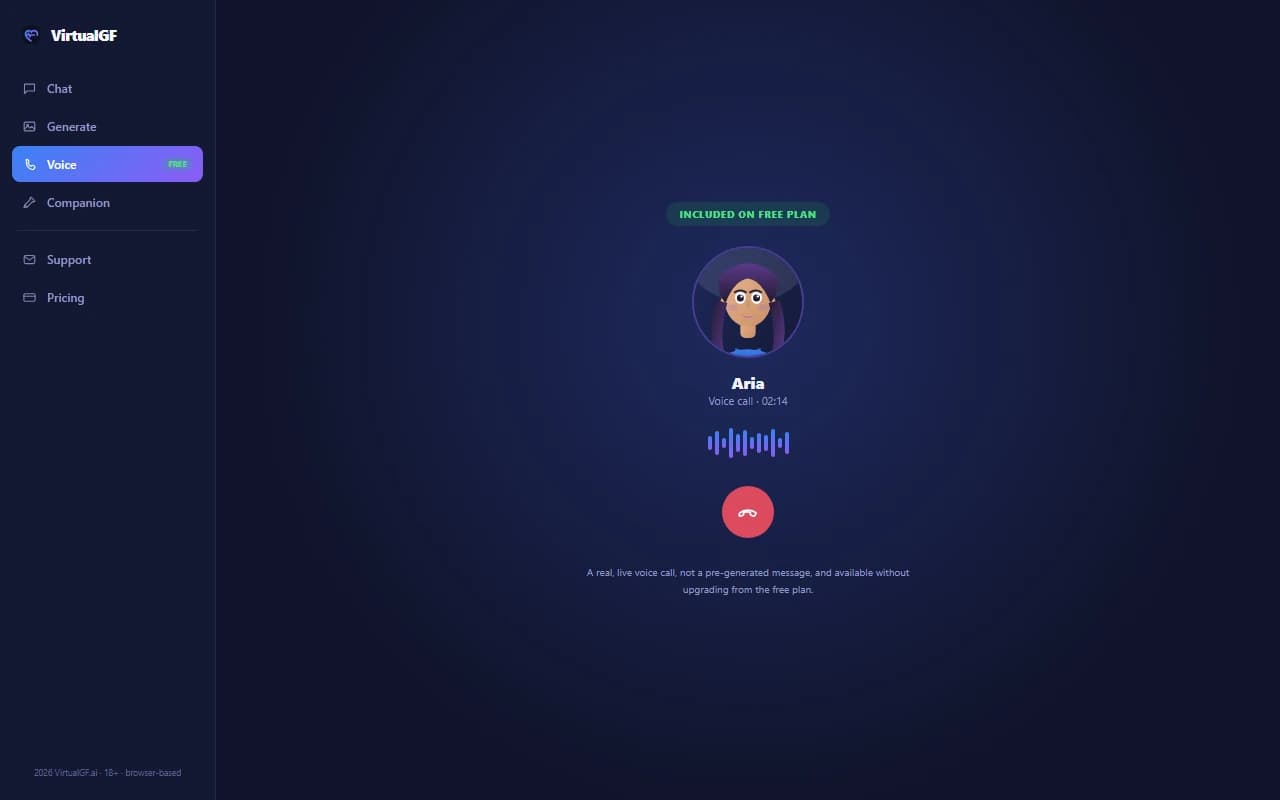 VirtualGF live voice call screen showing an in-progress call included on the free plan VirtualGF live voice call screen showing an in-progress call included on the free plan