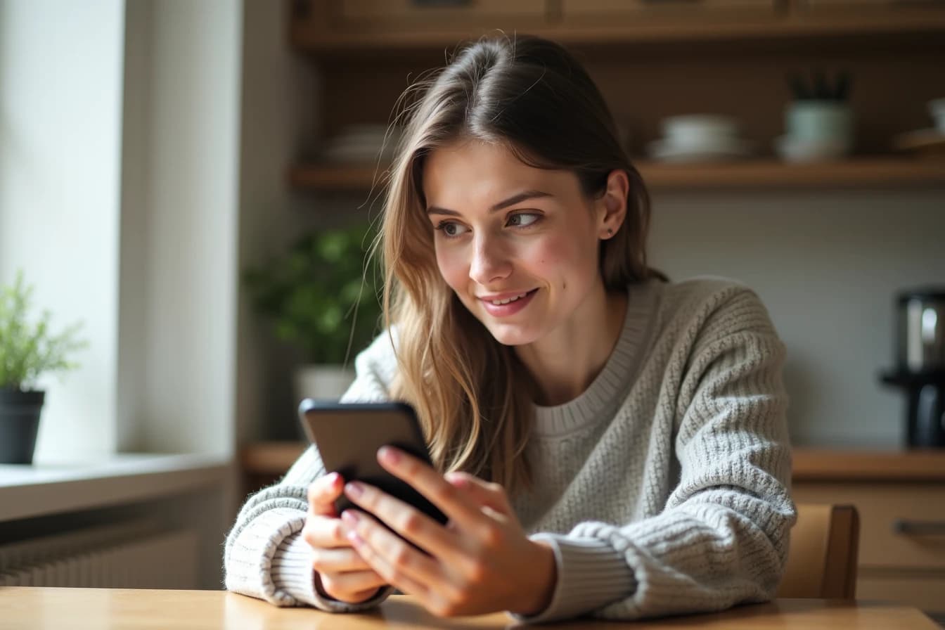 Woman sitting at a kitchen table looking closely at photos on her smartphone screen