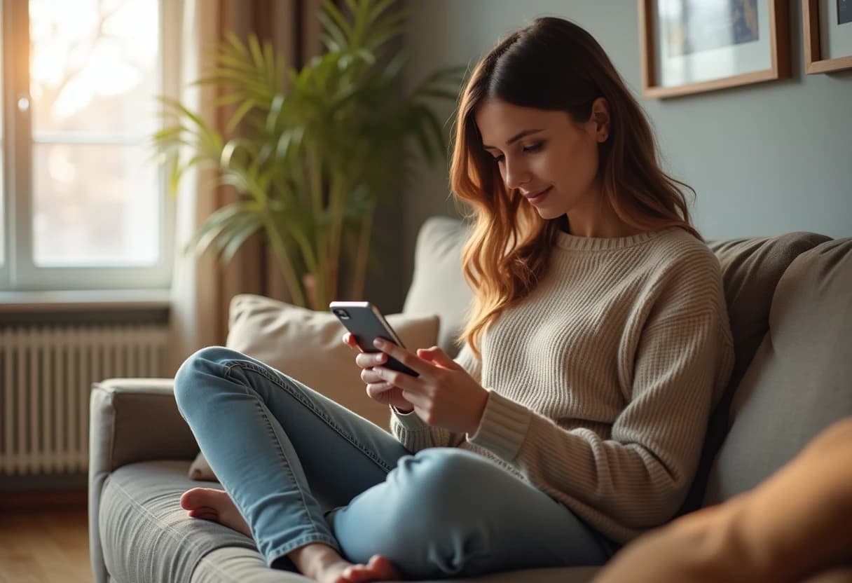 Woman sitting on a sofa smiling while browsing an app on her smartphone