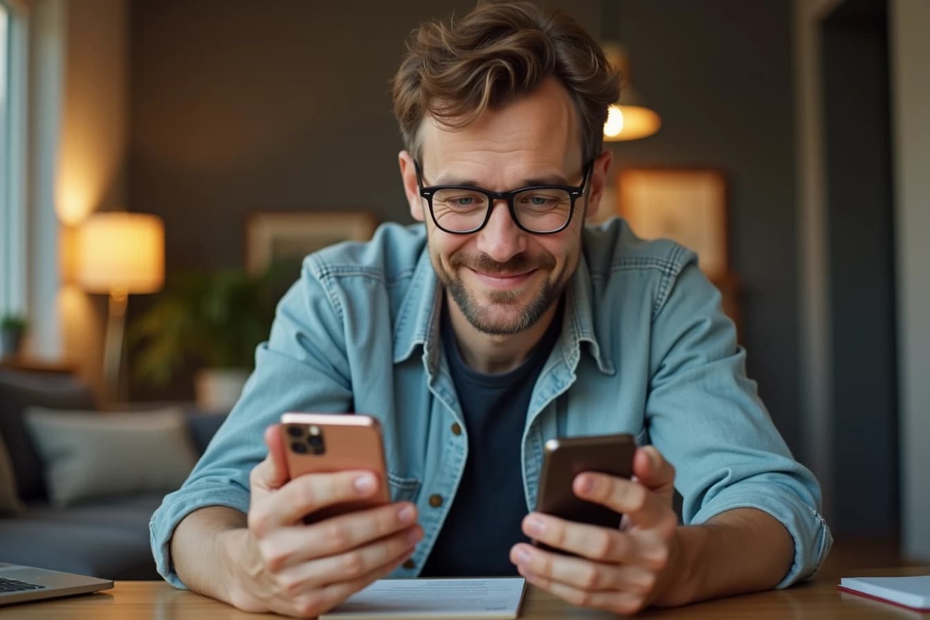 Man comparing an older smartphone and a newer smartphone at his desk
