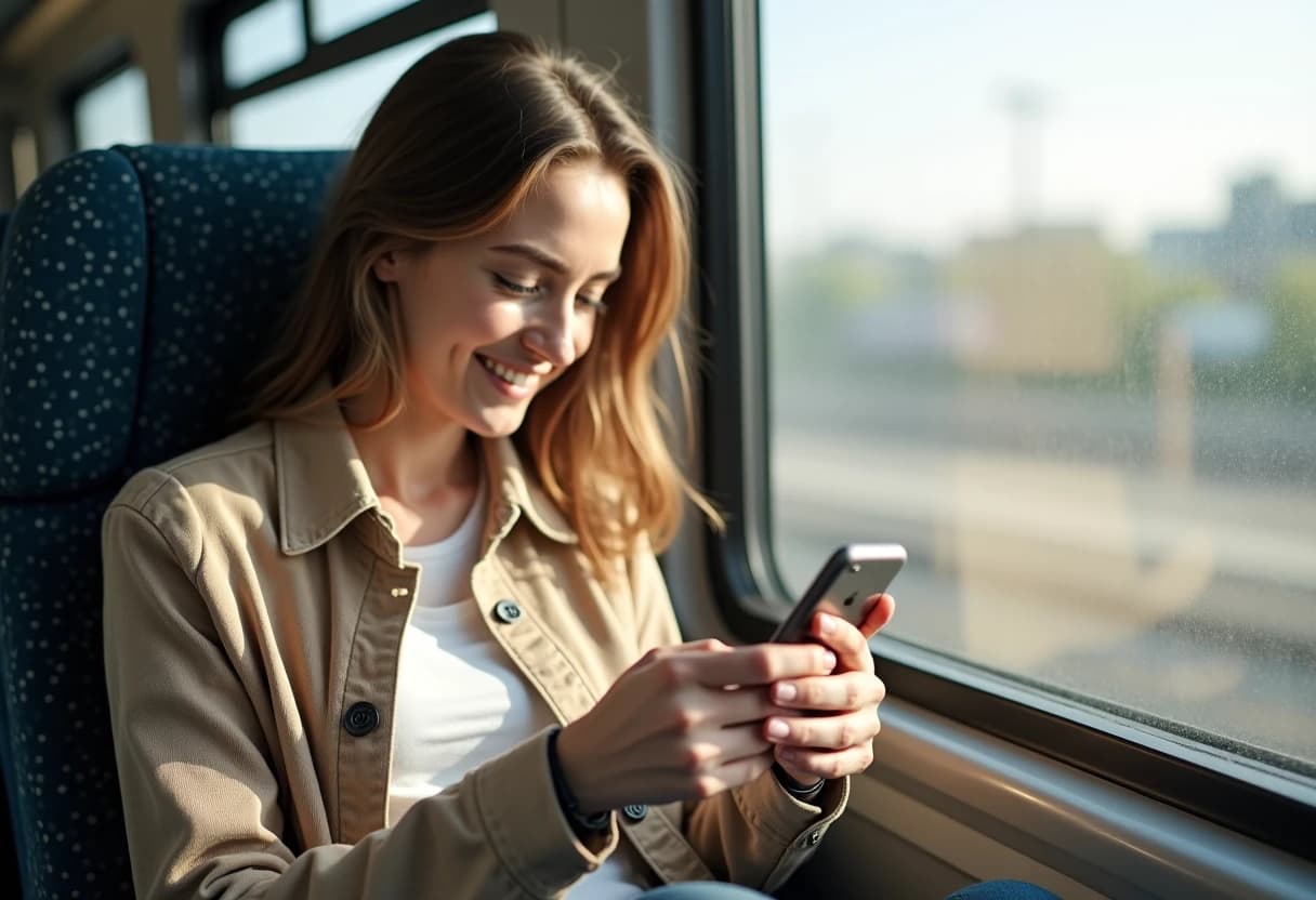 Woman using her phone while commuting on public transportation