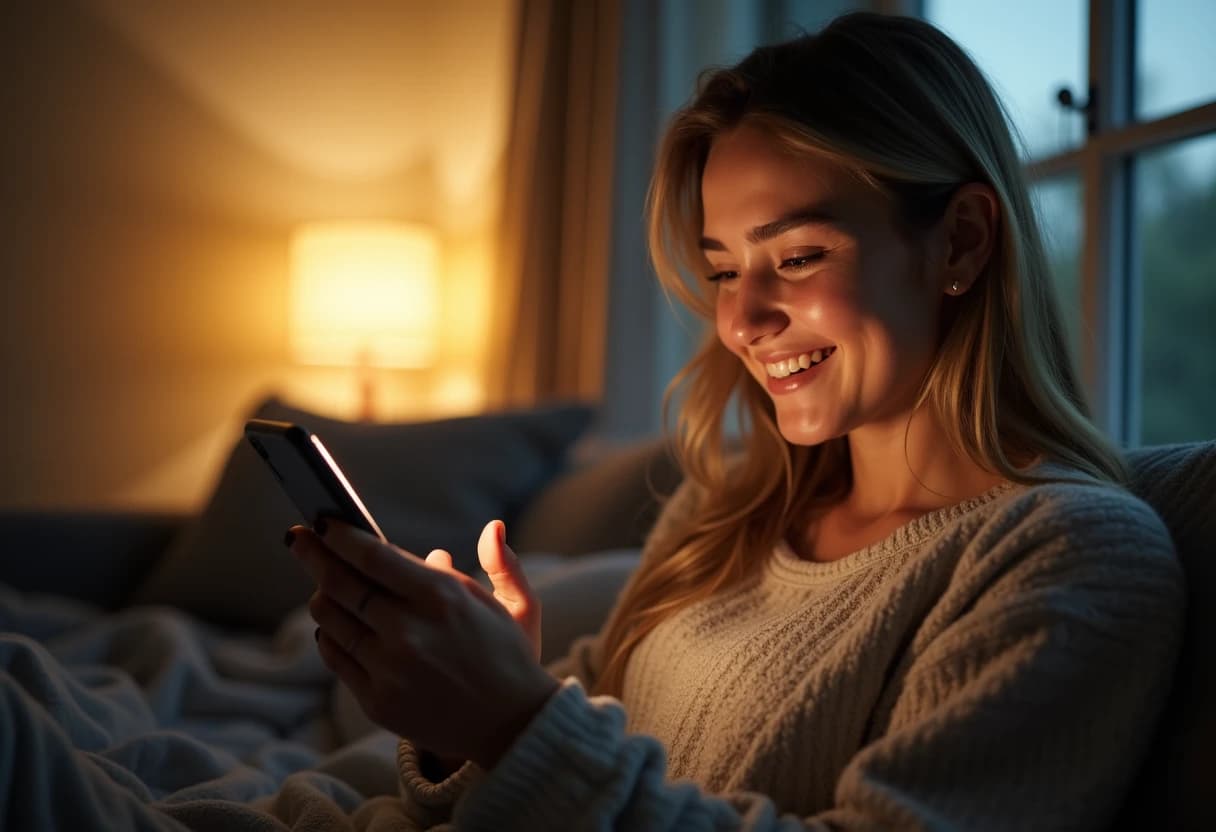 Woman smiling while texting on her phone on the couch in the evening