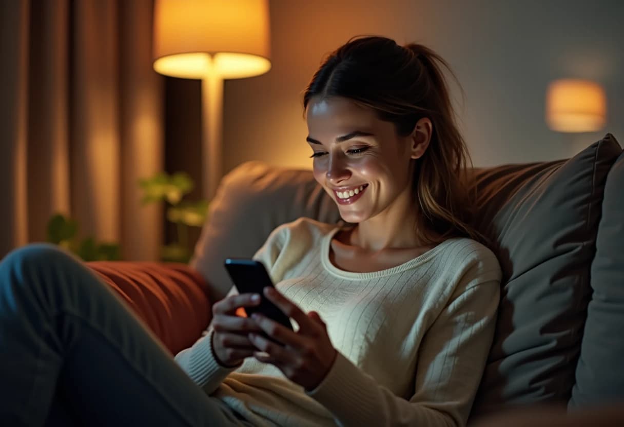 Woman scrolling through a chat conversation on her smartphone on the couch