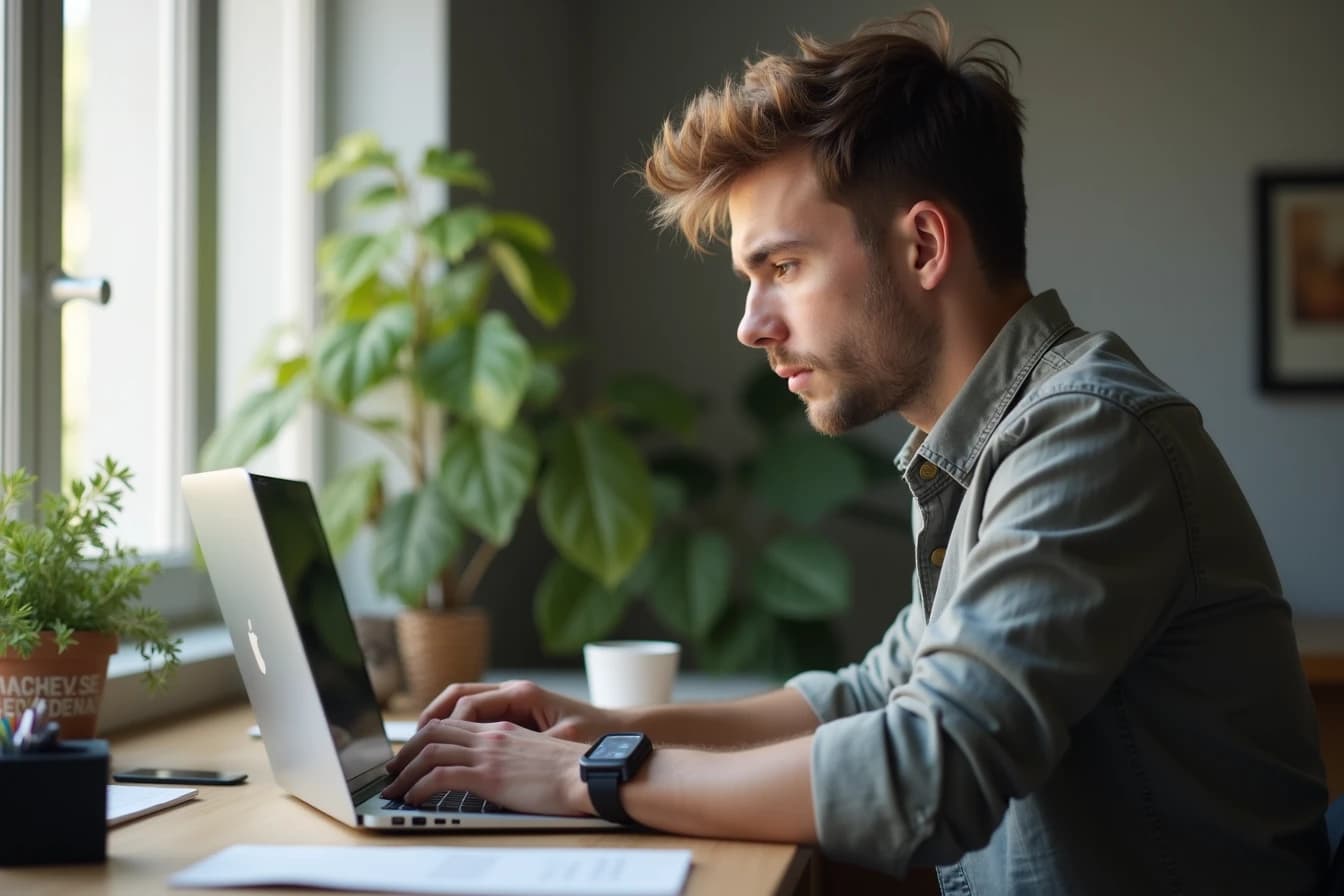 Man working intently on a laptop at a home office desk