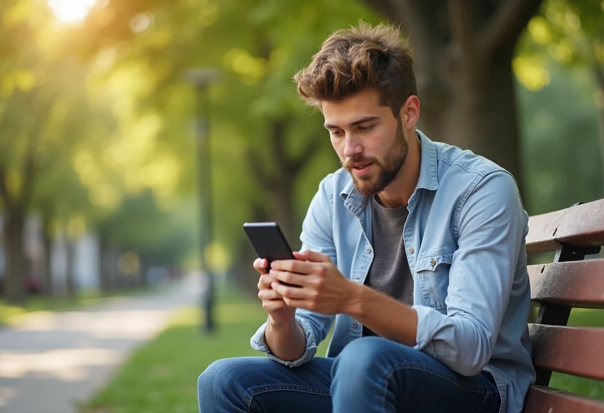 Man sitting outdoors on a bench watching a video on his smartphone