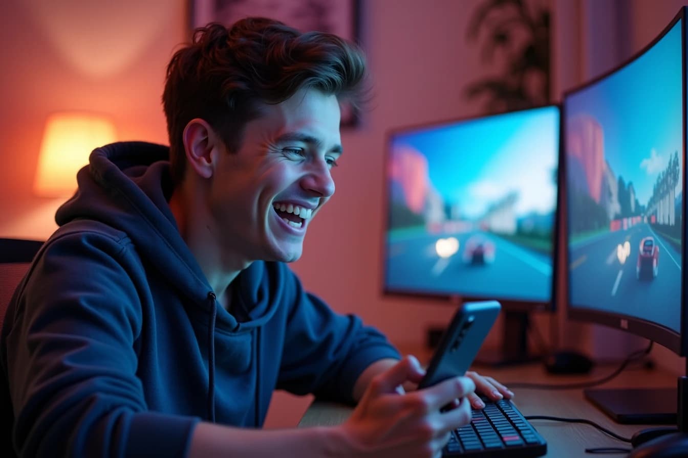 Young man at a gaming desk setup smiling at his smartphone
