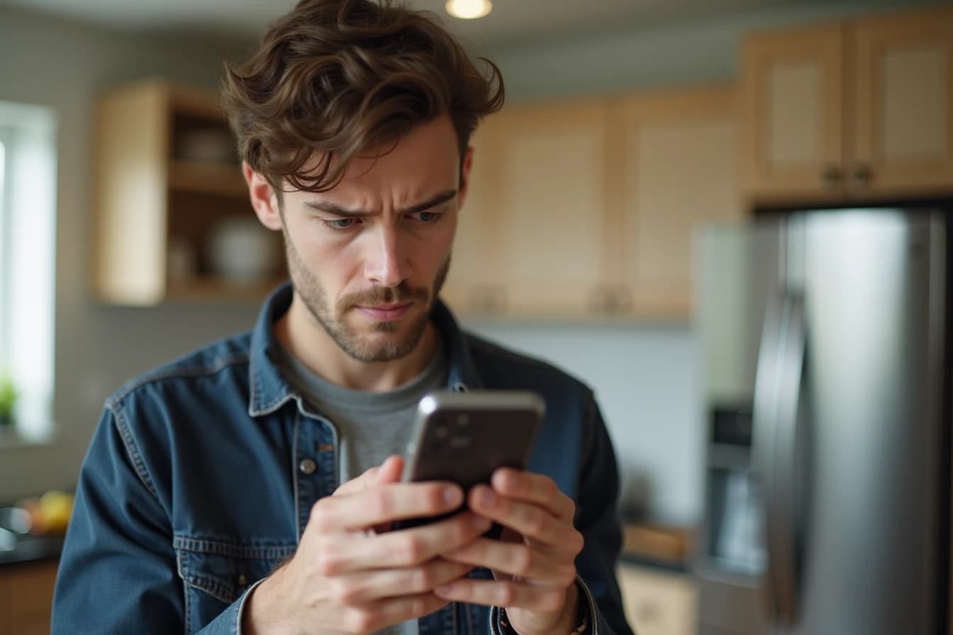 Man in a kitchen scrolling through app store search results on his smartphone with a puzzled expression
