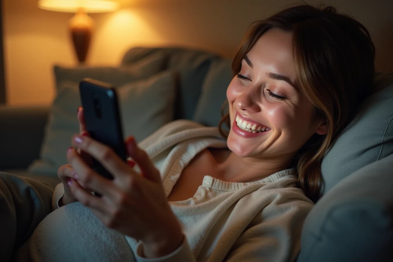 Woman smiling while typing on her phone to an AI companion Woman smiling while typing on her phone to an AI companion