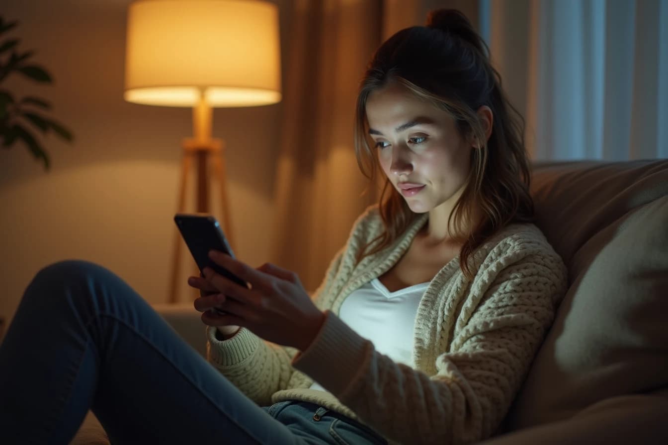 Woman scrolling through app update notes on her phone Woman scrolling through app update notes on her phone