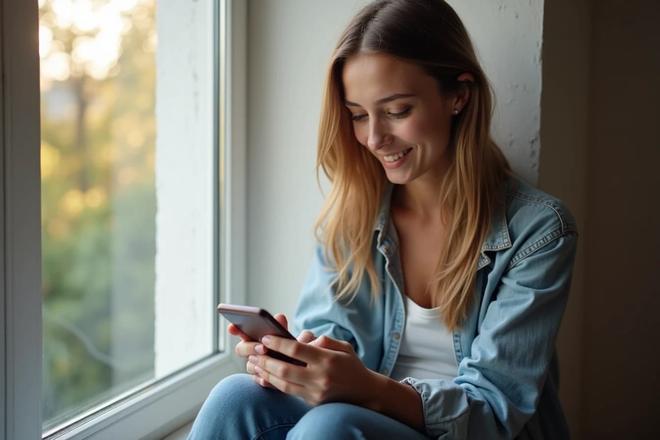 Woman sitting on a windowsill scrolling through app options on her smartphone