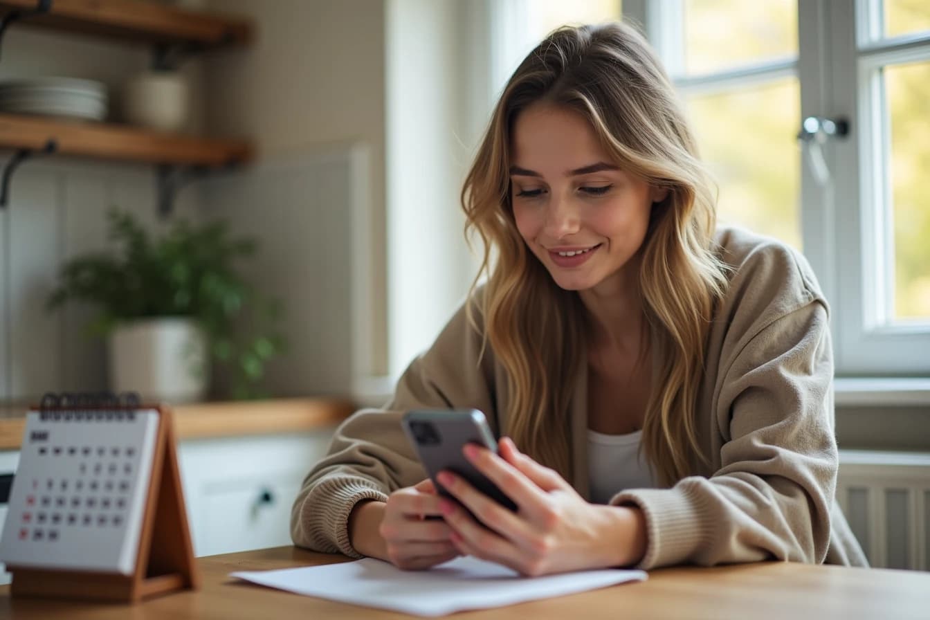 Woman at a kitchen table checking her smartphone next to a small desk calendar Woman at a kitchen table checking her smartphone next to a small desk calendar