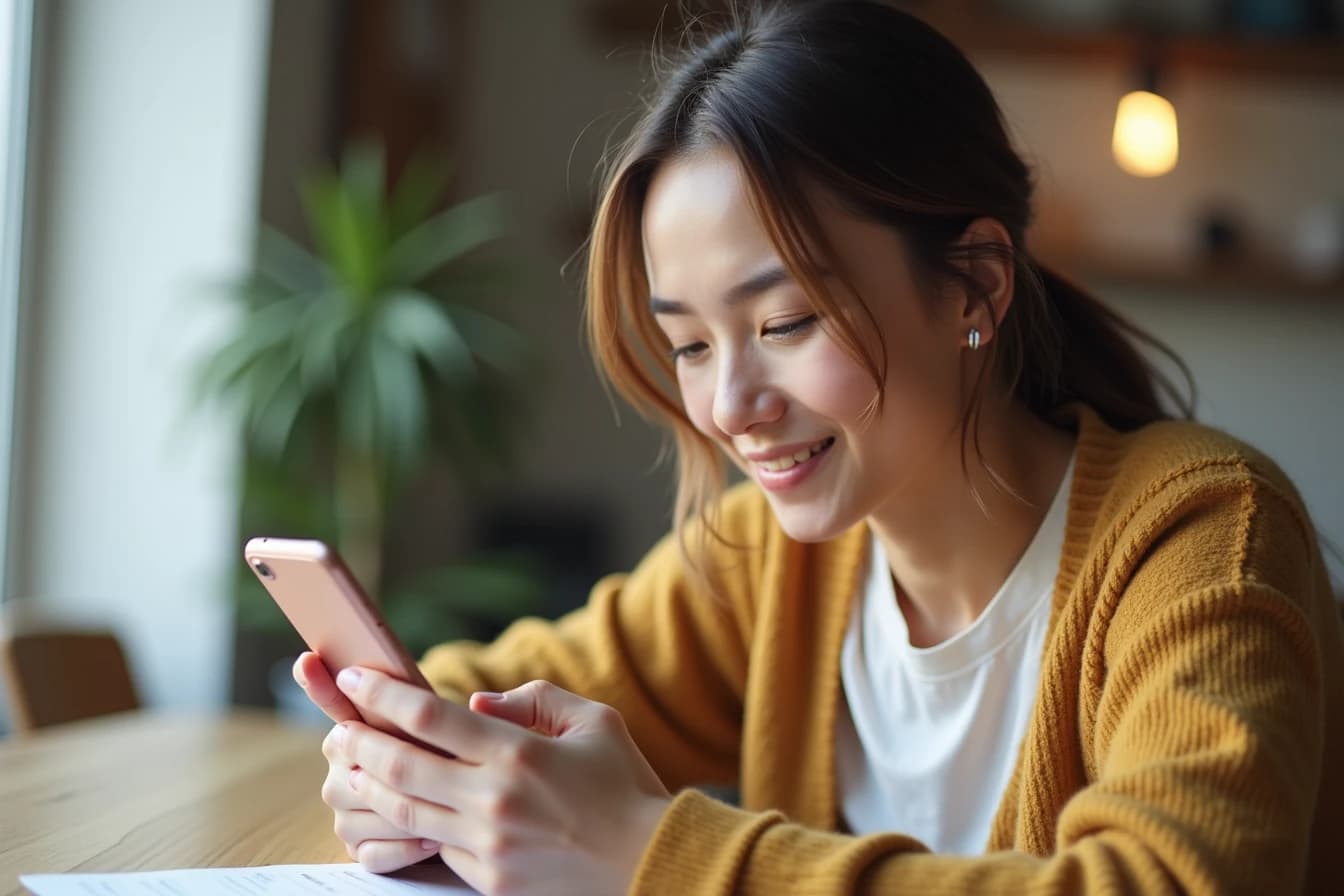Woman sitting at a desk looking at her smartphone during an app signup flow Woman sitting at a desk looking at her smartphone during an app signup flow