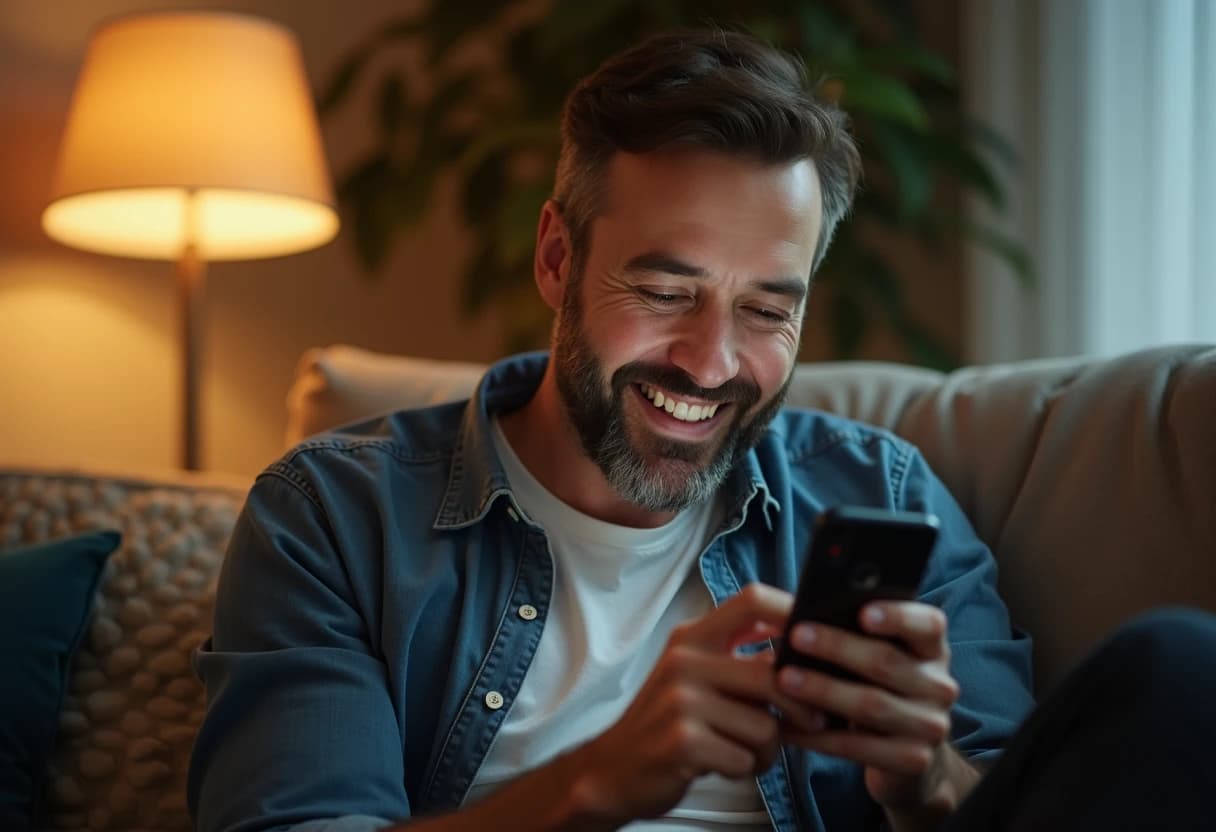 Man sitting on a couch looking at his smartphone with a pleased, satisfied expression Man sitting on a couch looking at his smartphone with a pleased, satisfied expression