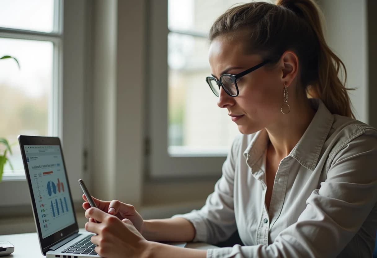 Woman at a home desk comparing information on a tablet with a focused, analytical expression Woman at a home desk comparing information on a tablet with a focused, analytical expression