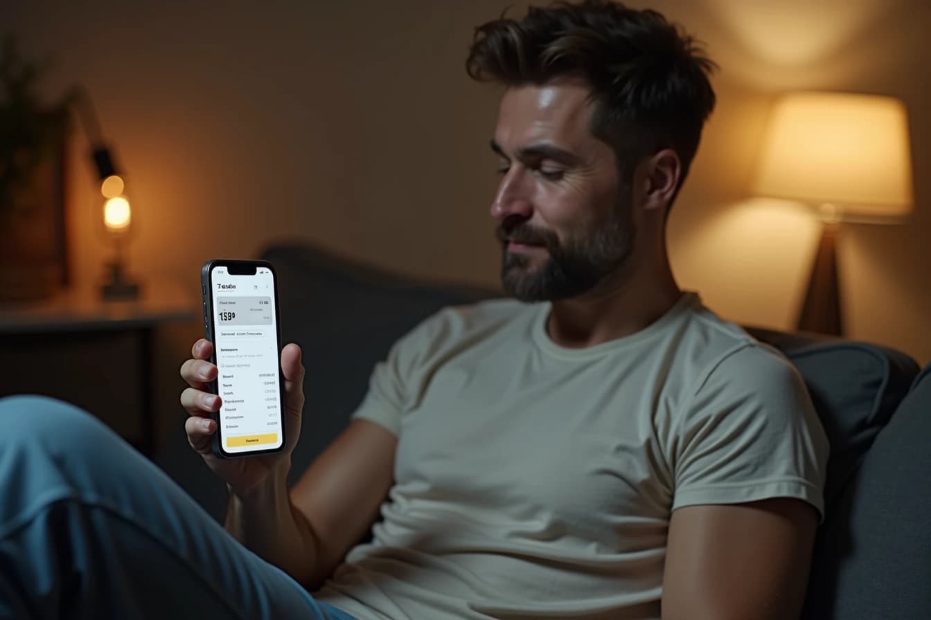 Man checking a cryptocurrency payment option on his phone for a companion app subscription Man checking a cryptocurrency payment option on his phone for a companion app subscription