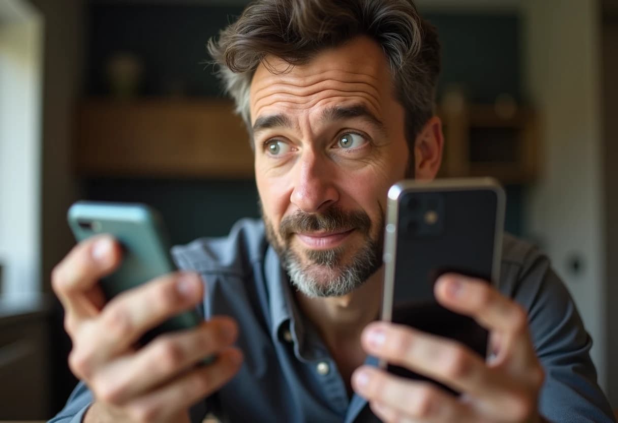 Man holding an older basic mobile phone in one hand and a modern smartphone in the other Man holding an older basic mobile phone in one hand and a modern smartphone in the other