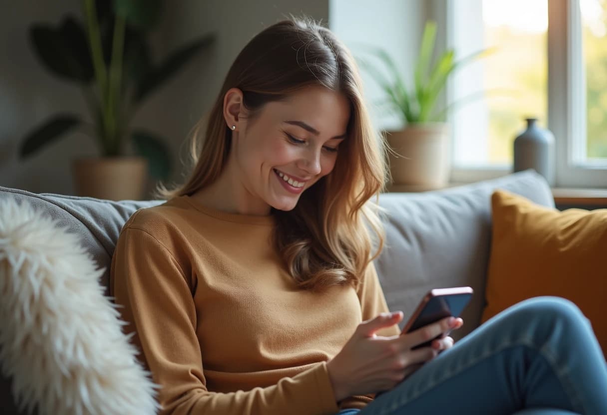 Woman sitting on her couch smiling while typing a message on her phone