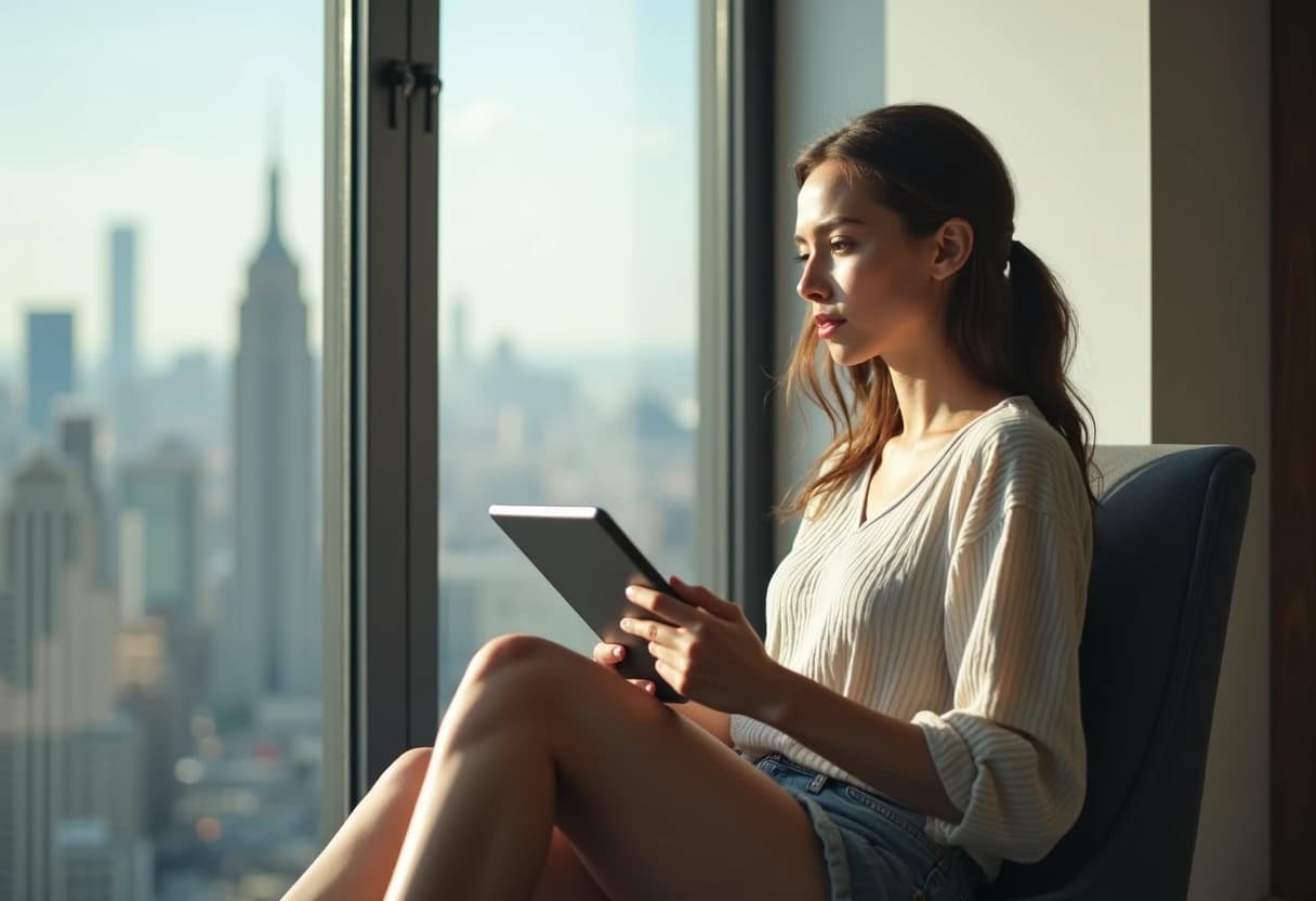 Woman holding a tablet by a large window with a city view, looking thoughtfully into the distance Woman holding a tablet by a large window with a city view, looking thoughtfully into the distance