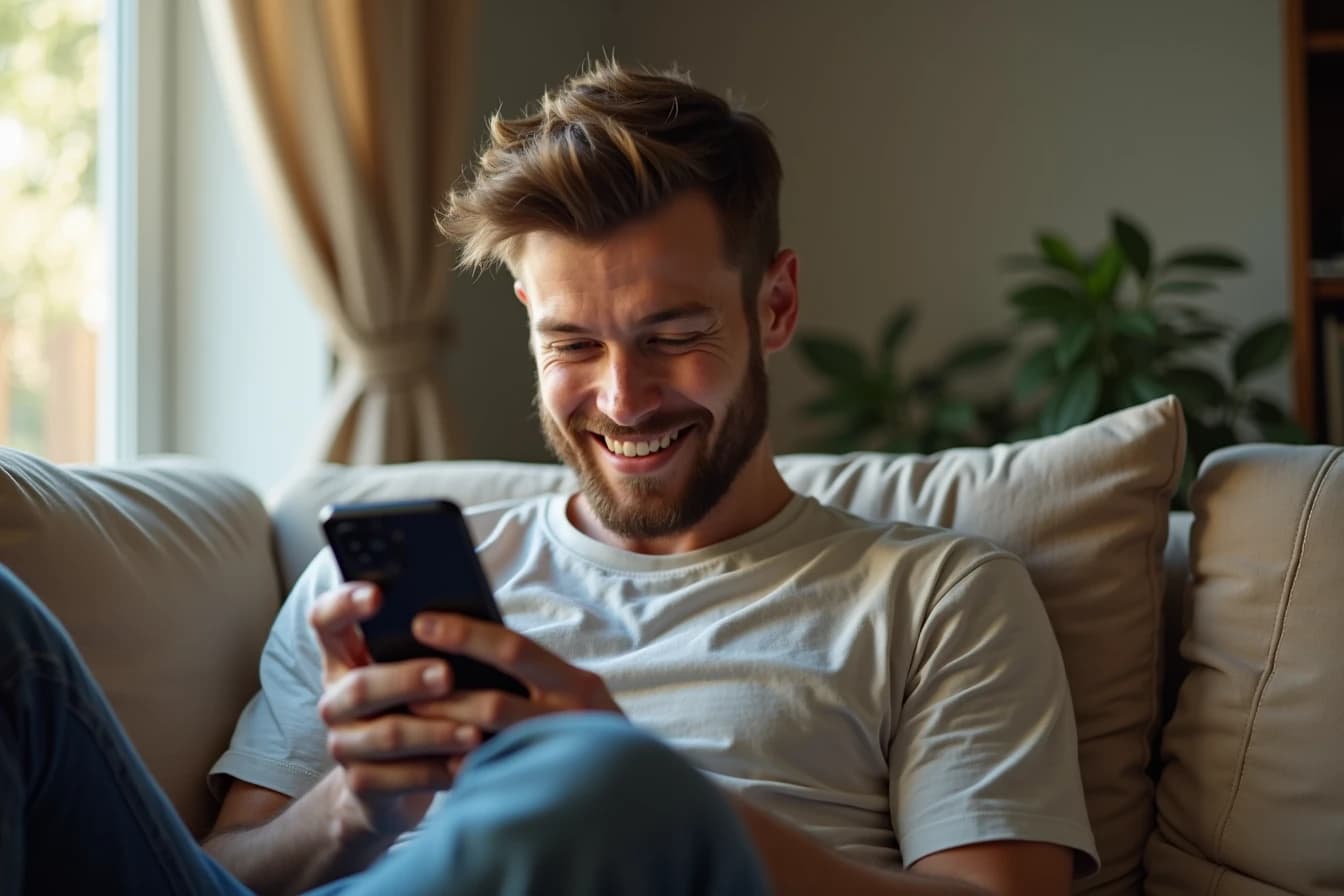 Man looking curiously at his phone while browsing an AI girlfriend app for the first time Man looking curiously at his phone while browsing an AI girlfriend app for the first time