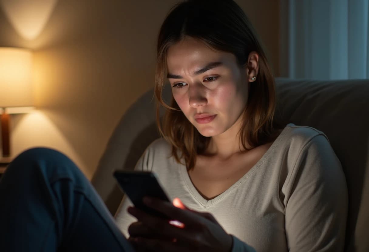 Woman on a couch looking at her smartphone with a mildly frustrated expression Woman on a couch looking at her smartphone with a mildly frustrated expression