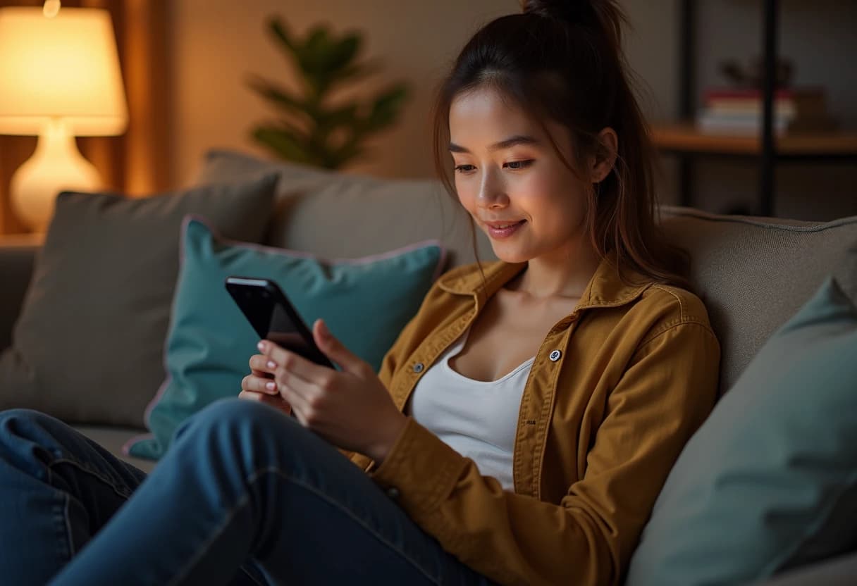 Woman sitting cross legged on a couch looking at her smartphone with an interested expression Woman sitting cross legged on a couch looking at her smartphone with an interested expression
