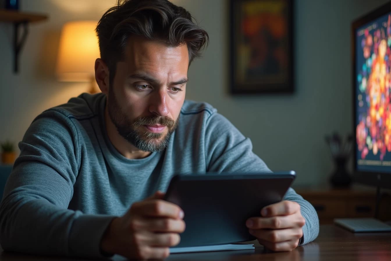 Man at a home desk looking at a tablet screen with a focused expression Man at a home desk looking at a tablet screen with a focused expression