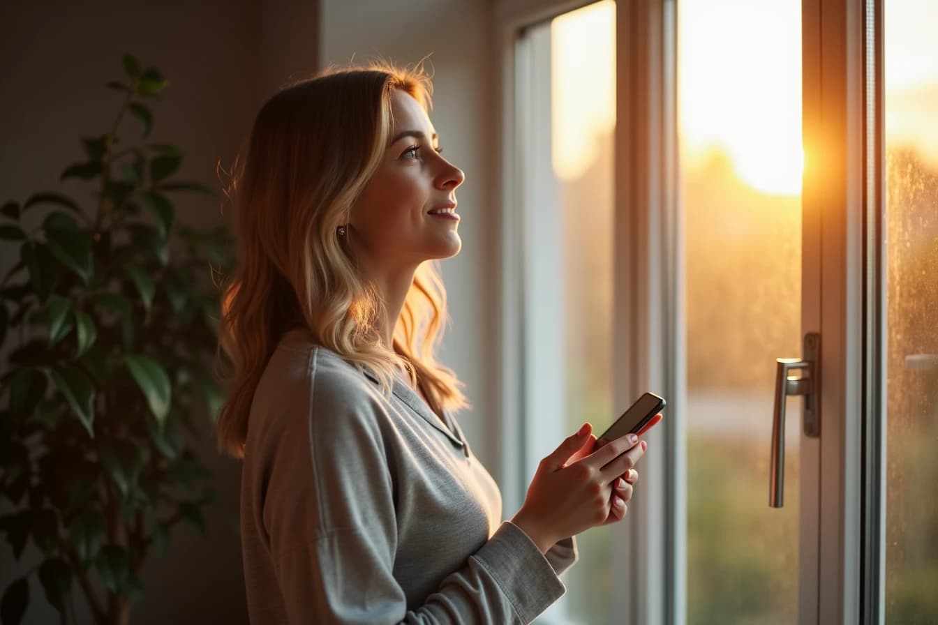 Woman standing by a window holding her phone, looking thoughtfully outside Woman standing by a window holding her phone, looking thoughtfully outside
